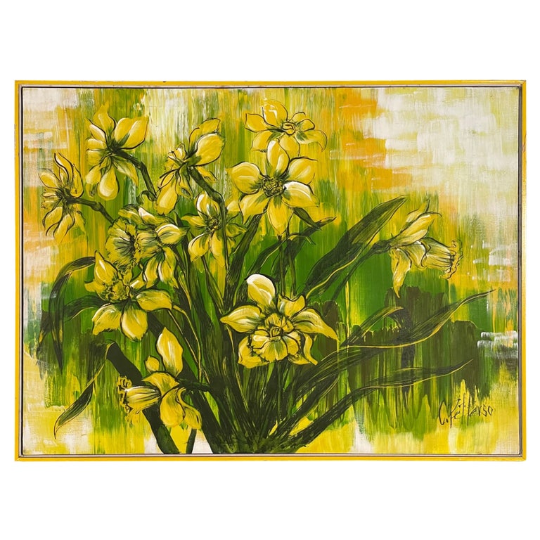 1970s Large Yellow Floral Framed Painting For Sale at 1stDibs