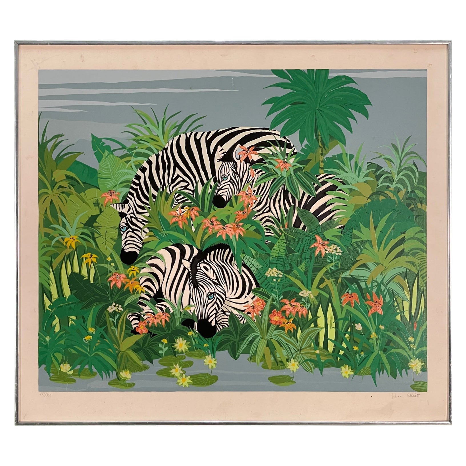 Colorful Zebra and Floral Print in Chrome Frame For Sale