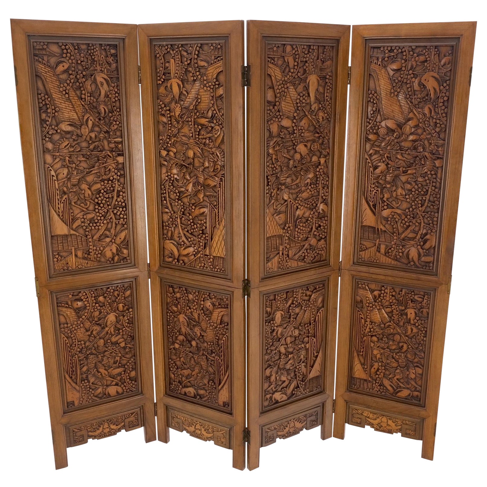 4 Panels Carved Teak Fine Details Room Divider Screen Heavy Brass Hinges Mint! For Sale