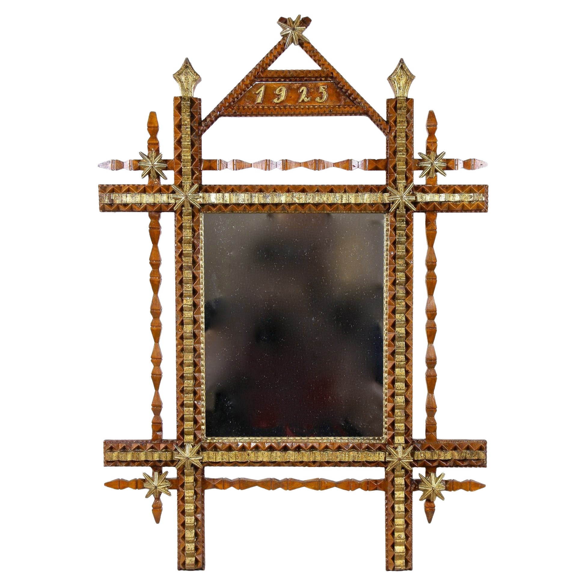 20th Century Rustic Tramp Art Wall Mirror with Gilt Parts, Austria, Dated 1925 For Sale