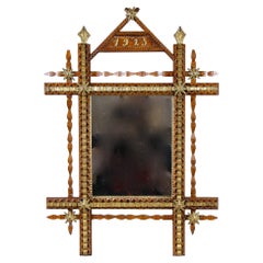 20th Century Rustic Tramp Art Wall Mirror with Gilt Parts, Austria, Dated 1925