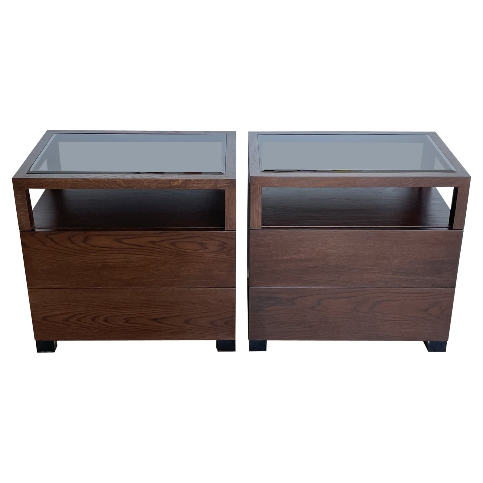 Pair of Nightstands by Cain Modern Made in Solid Oak and Bronzed Lucite