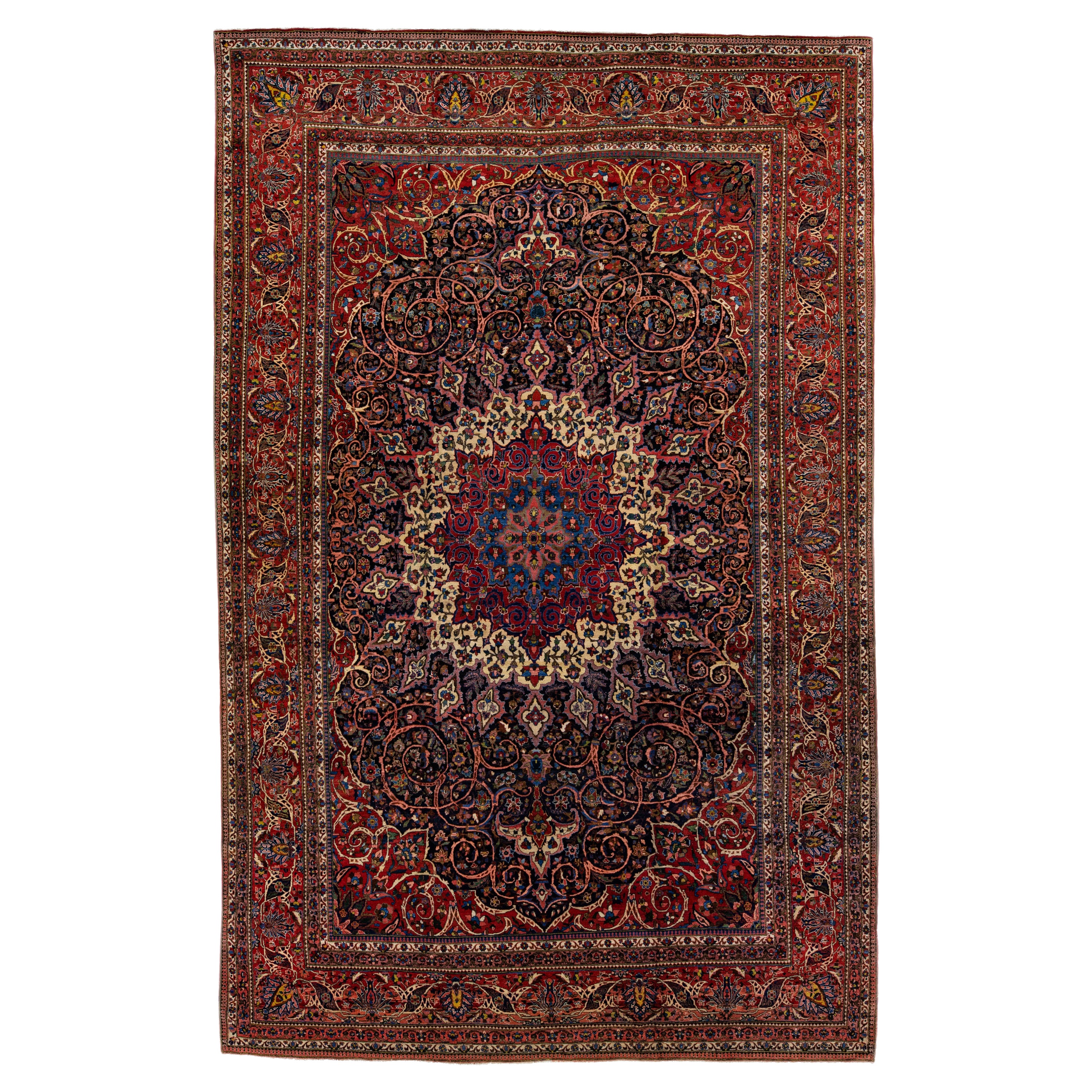 Roter antiker persischer Bakhtiari Handgefertigter Oversize-Wollteppich mit Rosette-Muster