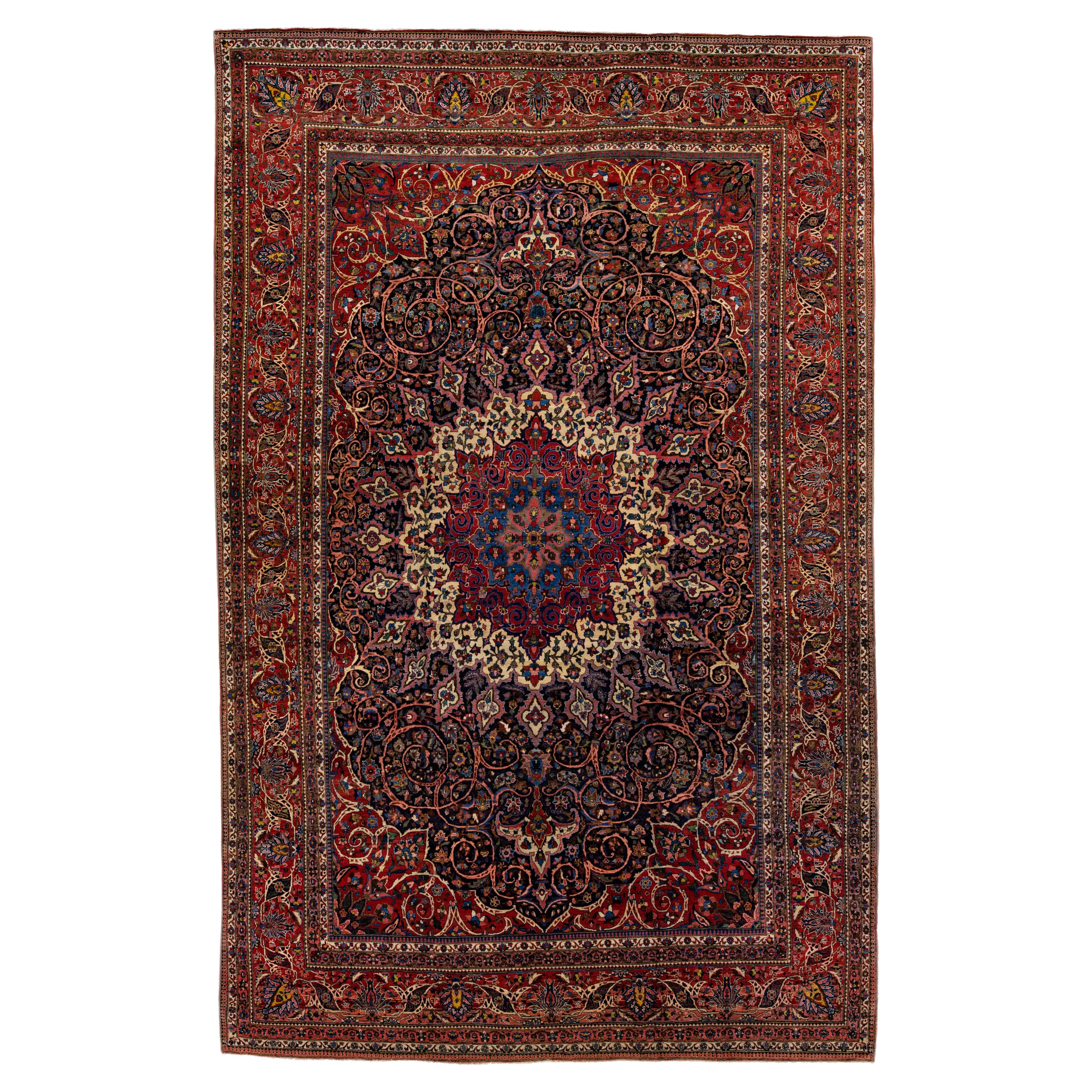 Tapis Bakhtiari persan ancien surdimensionné fait à la main, rouge avec motif de rosettes