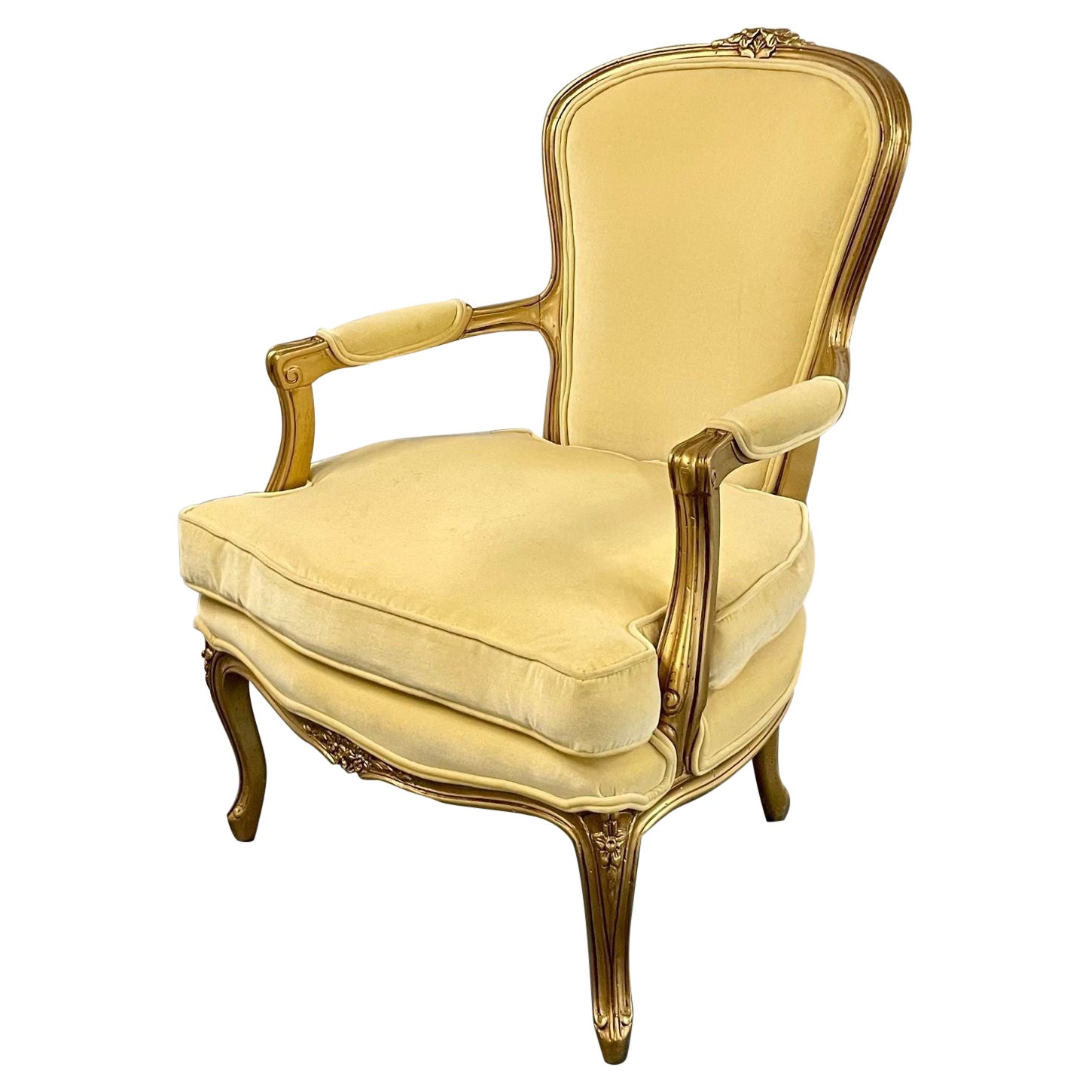 French Louis XVI Jansen Style Bergere, Arm / Accent Chair, Velvet, Giltwood For Sale