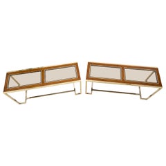 Pair of Smoked Glass Tops Walnut Brass Console Sofa Tables Mid-Century Modern