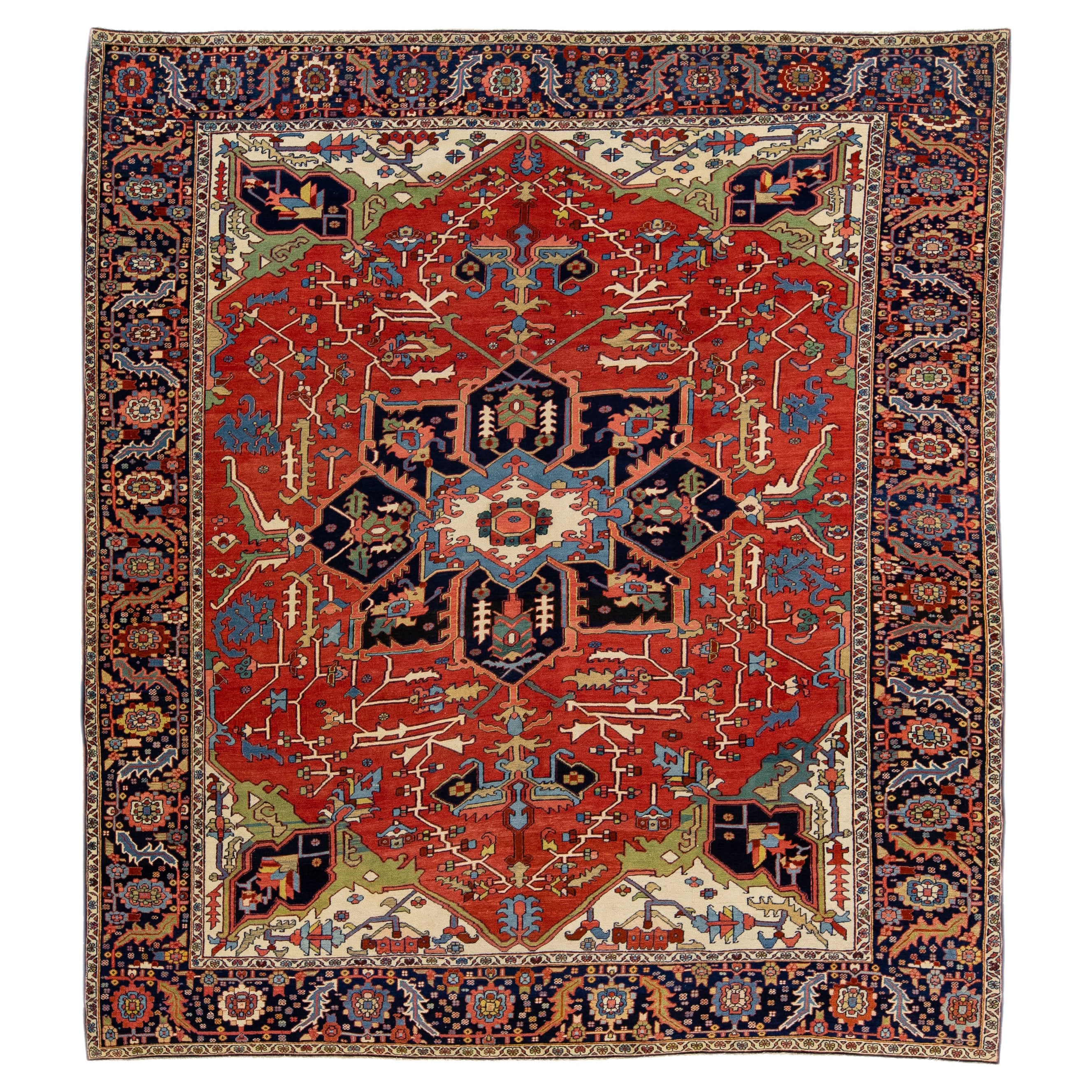 Red Antique Persian Serapi Handmade Wool Rug with Multicolor Medallion Design