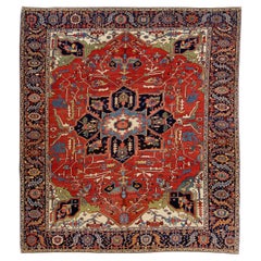 Red Antique Persian Serapi Handmade Wool Rug with Multicolor Medallion Design