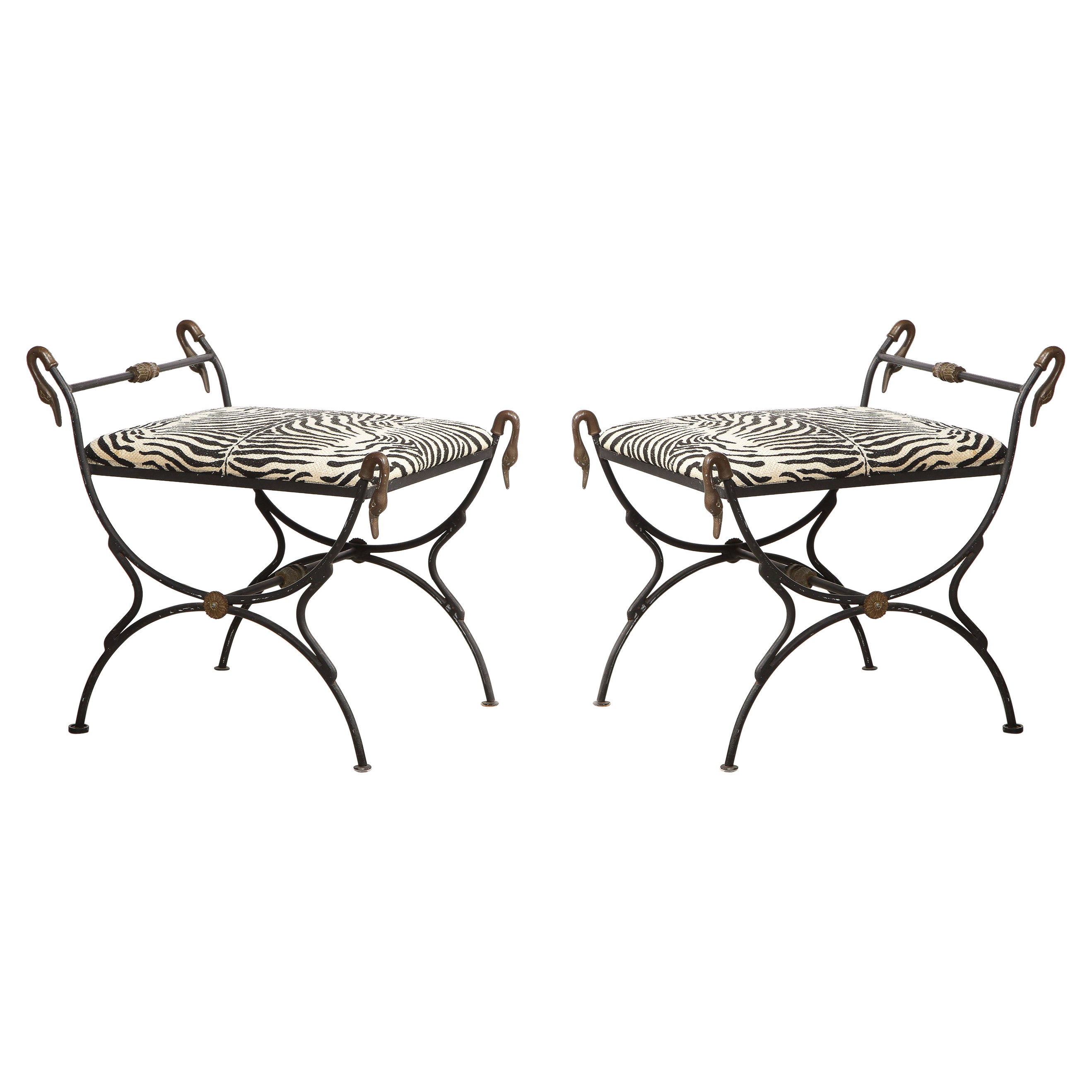 Pair of French Mid-Century Brass Swan and Iron Benches