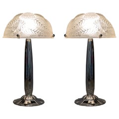 1921 René Lalique Pair of Lamps Dahlias Frosted Glass Nickel-plated Bronze Feet