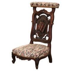 19th Century French Walnut Prayer Chair with Carved Bible on Back Dated 1880