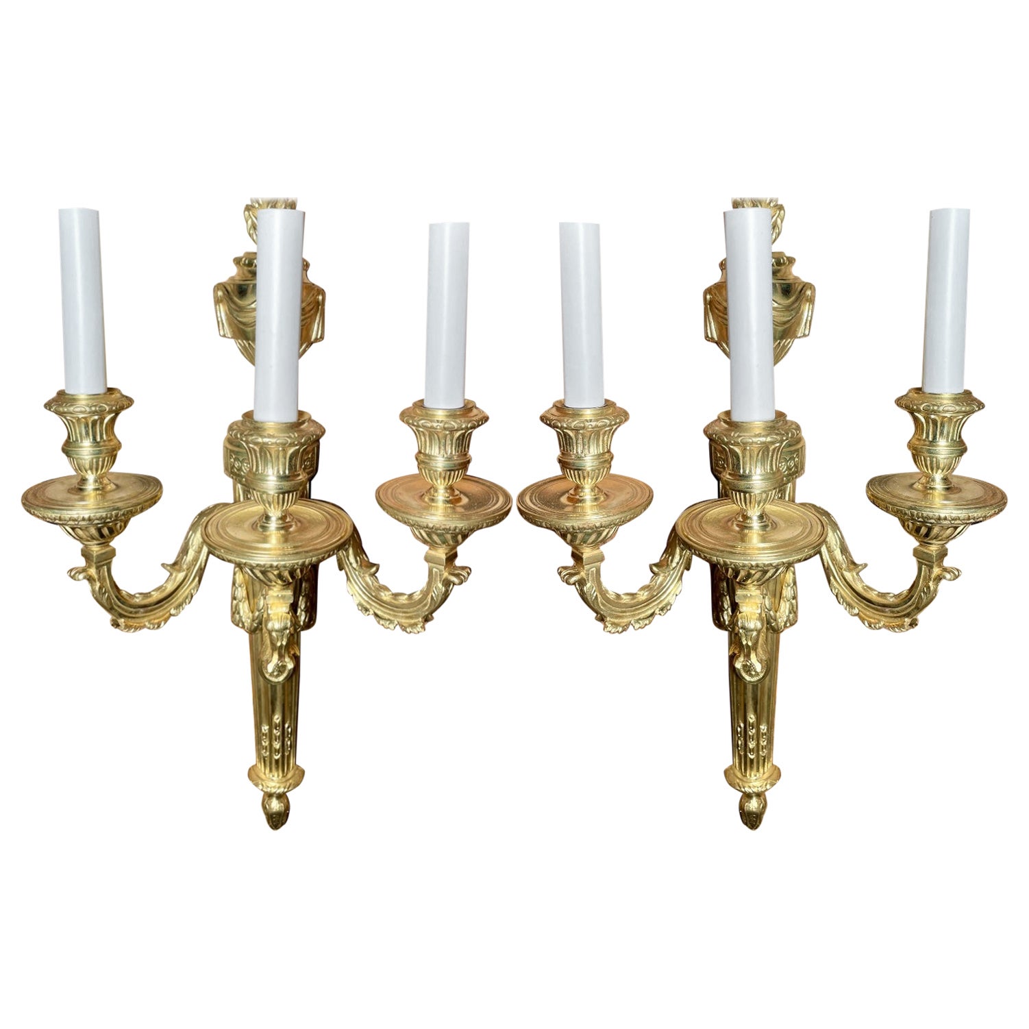 Pair Antique French Ormolu 3-Light Sconces, circa 1890's