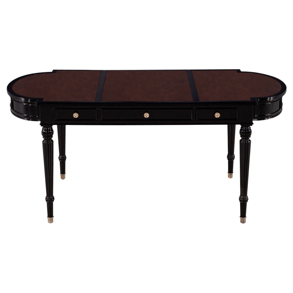 Traditional English Leather Top Black Lacquered Writing Desk For Sale