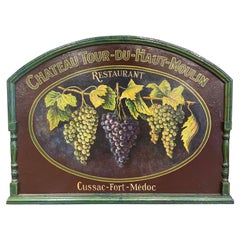 Antique 19th Century French Hand Painted Restaurant Wine Sign on Leather in Wooden Frame
