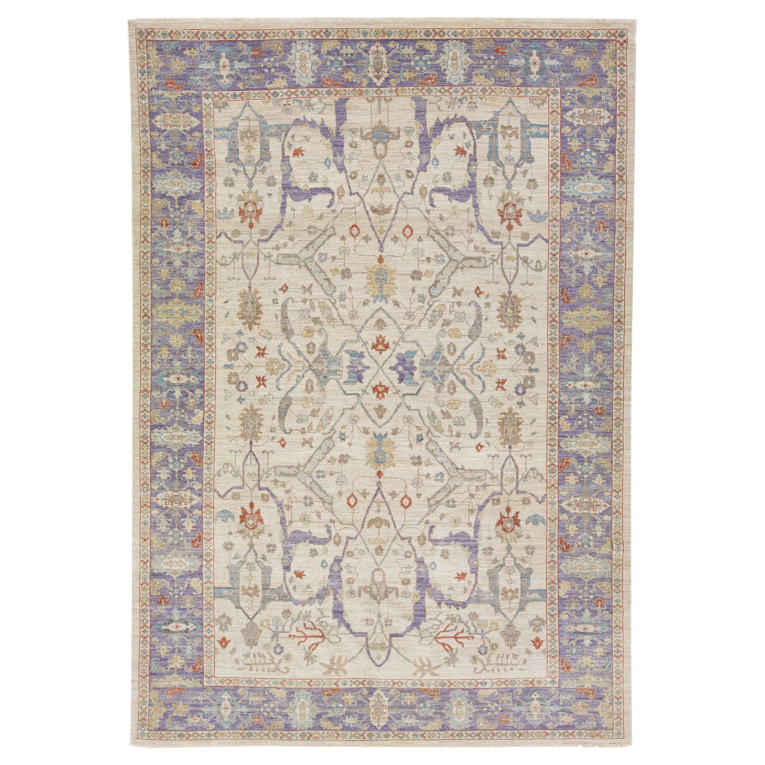 Beige Modern Sultanabad Handmade Floral Motif Wool Rug For Sale at 1stDibs