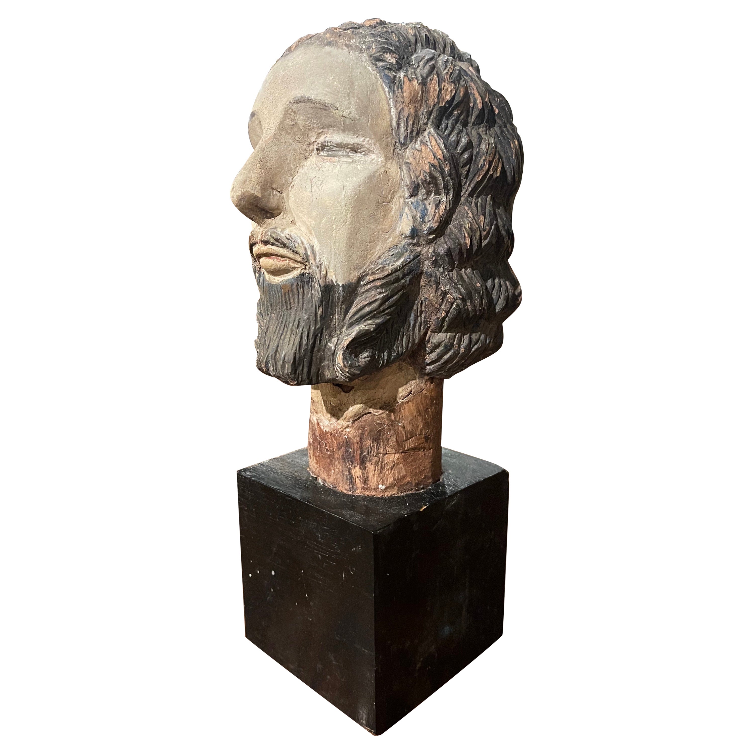 17th Century Spanish Carved Polychrome and Painted Bust of Christ on Stand For Sale