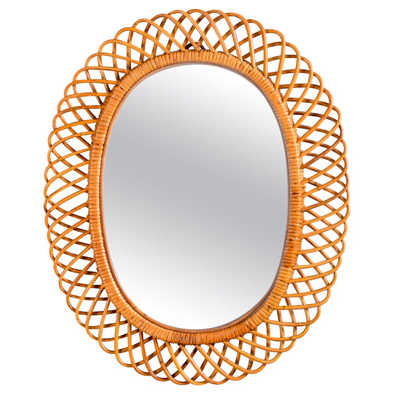 MidCentury Modern Rattan Oval Mirror For Sale at 1stDibs