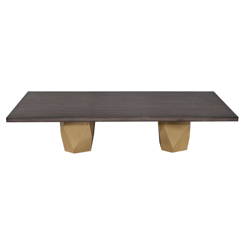 Custom Modern Grey Dining Table with Metal Geometric Pedestals For Sale