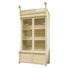 Pair, Dramatic Antique Bookcase Large White Display Cabinets from Spain