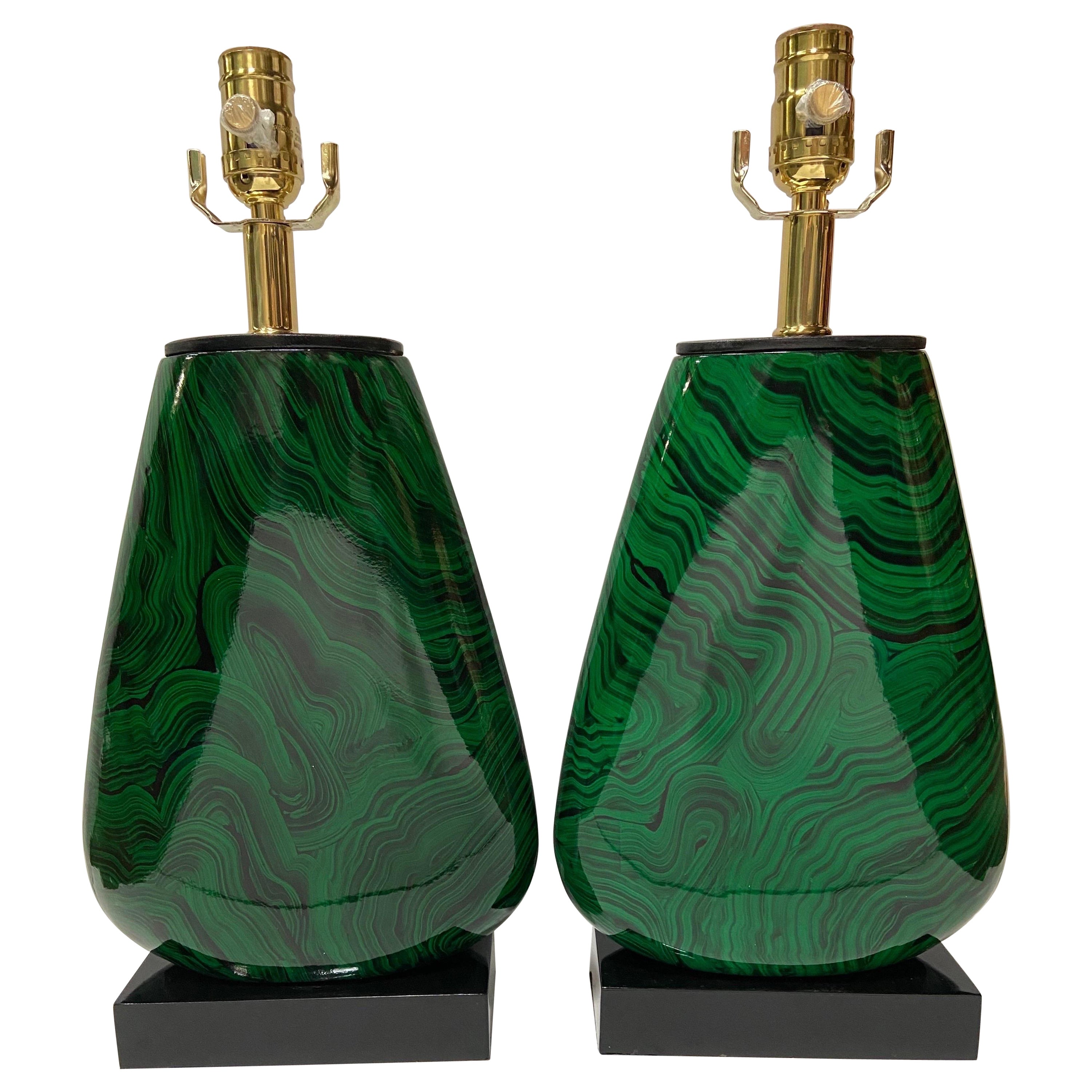 John Richard Faux Malachite Wood Table Lamps, Converted and Wired, a Pair For Sale
