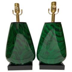 John Richard Faux Malachite Wood Table Lamps, Converted and Wired, a Pair