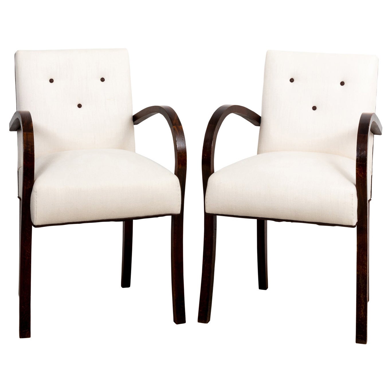 Pair of Bentwood Mid-Century Armchairs in Cream Linen Upholstery