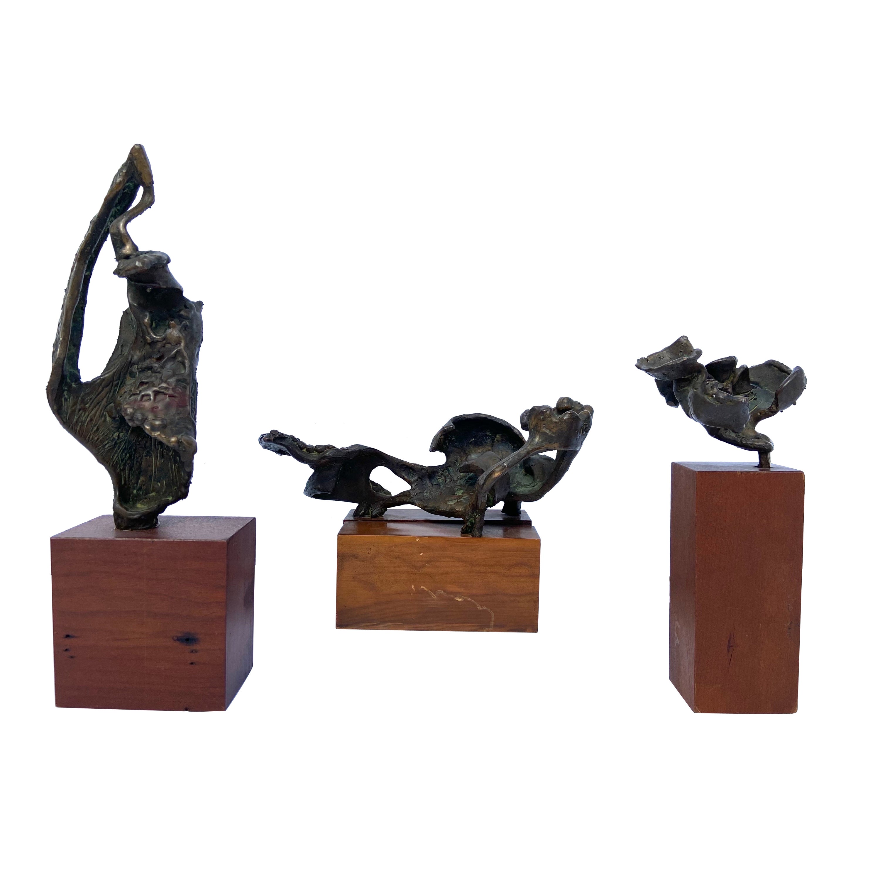 Set of 3 Brutalist Abstract Vintage 20th Century Bronze Sculptures on Wood Bases