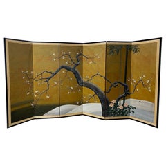 Japanese Asian Signed Six-Panel Folding Byobu Showa Cherry Blossom Tree Screen