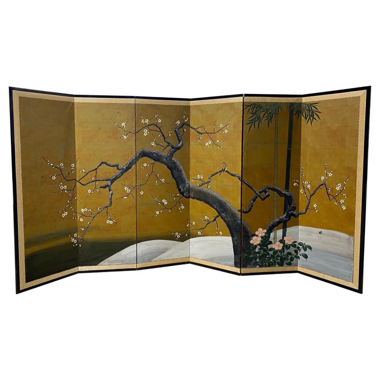 Japanese Asian Signed Six-Panel Folding Byobu Showa Cherry Blossom Tree Screen For Sale