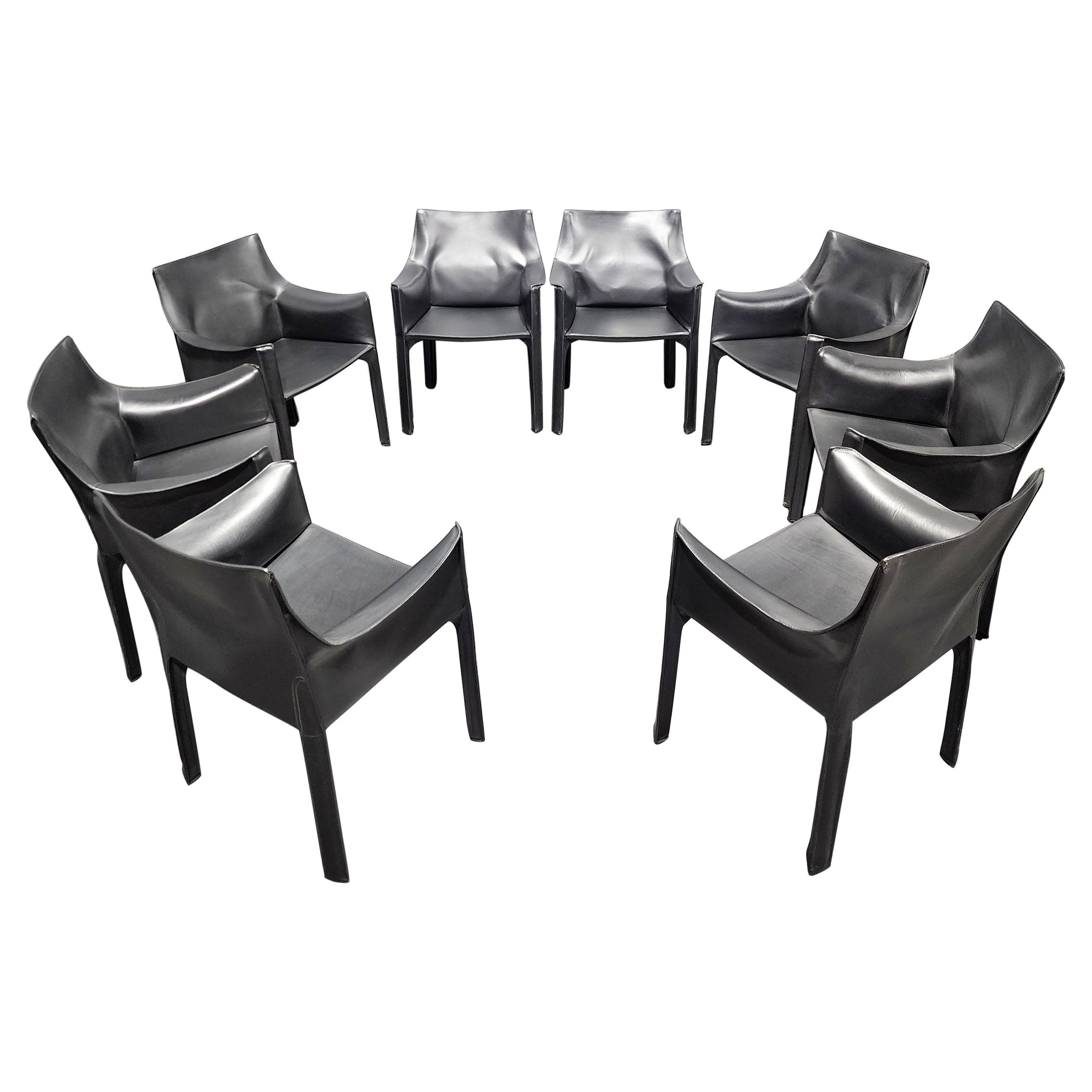 Mario Bellini 413 "CAB" Chairs for Cassina in Black Leather, Set of 8 For Sale