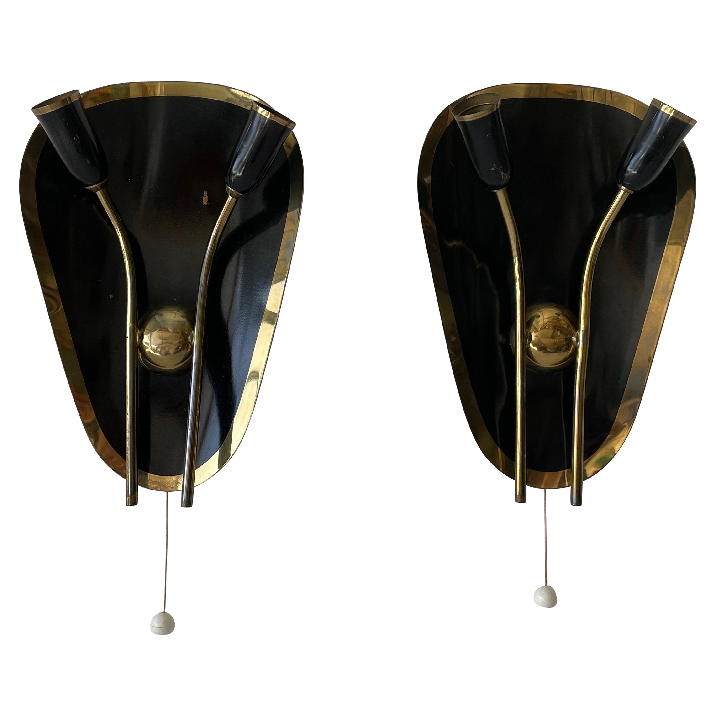Exclusive Atomic Design Brass Black Metal Pair of Sconces, 1950s, Germany For Sale