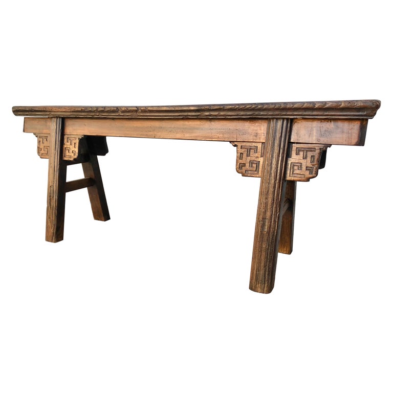 Vintage Rustic Chinese Carved Provincial Bench For Sale at 1stDibs