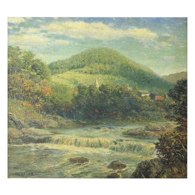 James Gale Tyler Oil Painting Landscape with River Town For Sale