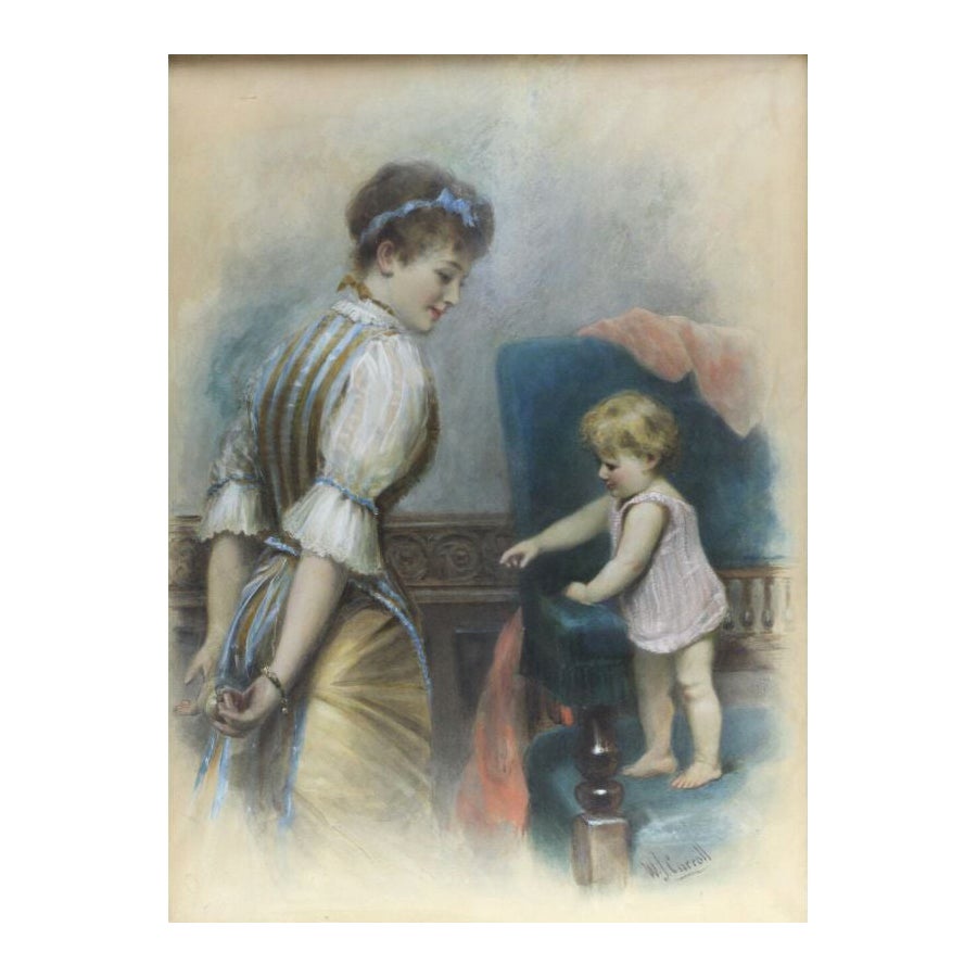 Watercolor Painting Mother & Baby by William Joseph Carroll For Sale