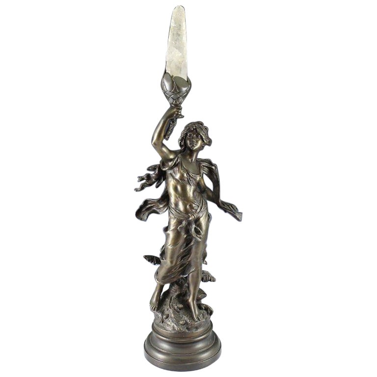 L & F Moreau Patinated Bronze Figural Lamp W/ Rock Crystal Flame, 19th Century For Sale