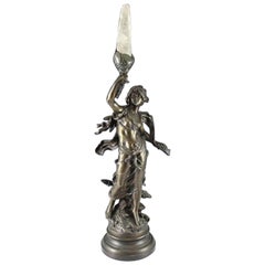 Antique L & F Moreau Patinated Bronze Figural Lamp W/ Rock Crystal Flame, 19th Century