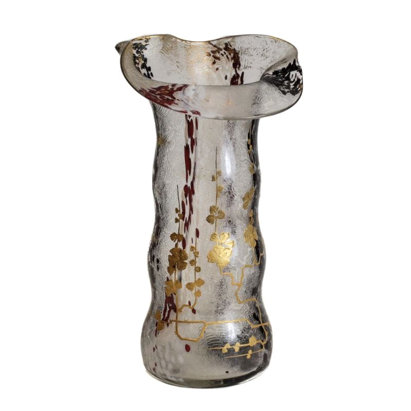 Impresionante jarrón de vidrio artístico Ernest Baptiste Leveille Grabado al ácido y dorado, C1900