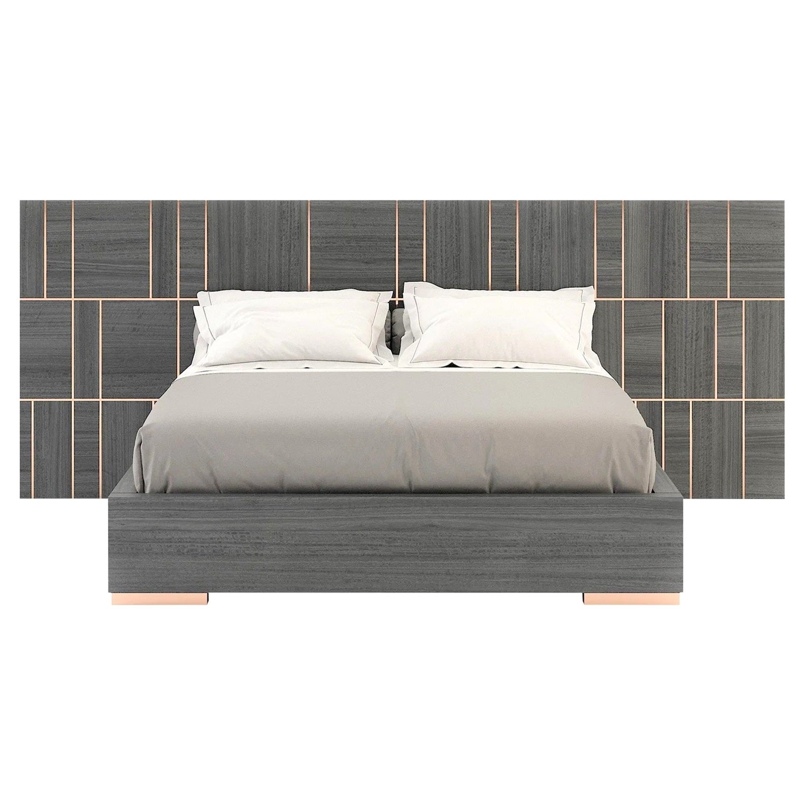 American King Bed with Oversized Headboard in Wood Veneer and Metal For