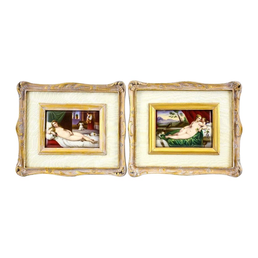 Pair KPM Porcelain Portraits in Gilt Wood & Tapestry Frames Female Nudes, c1900