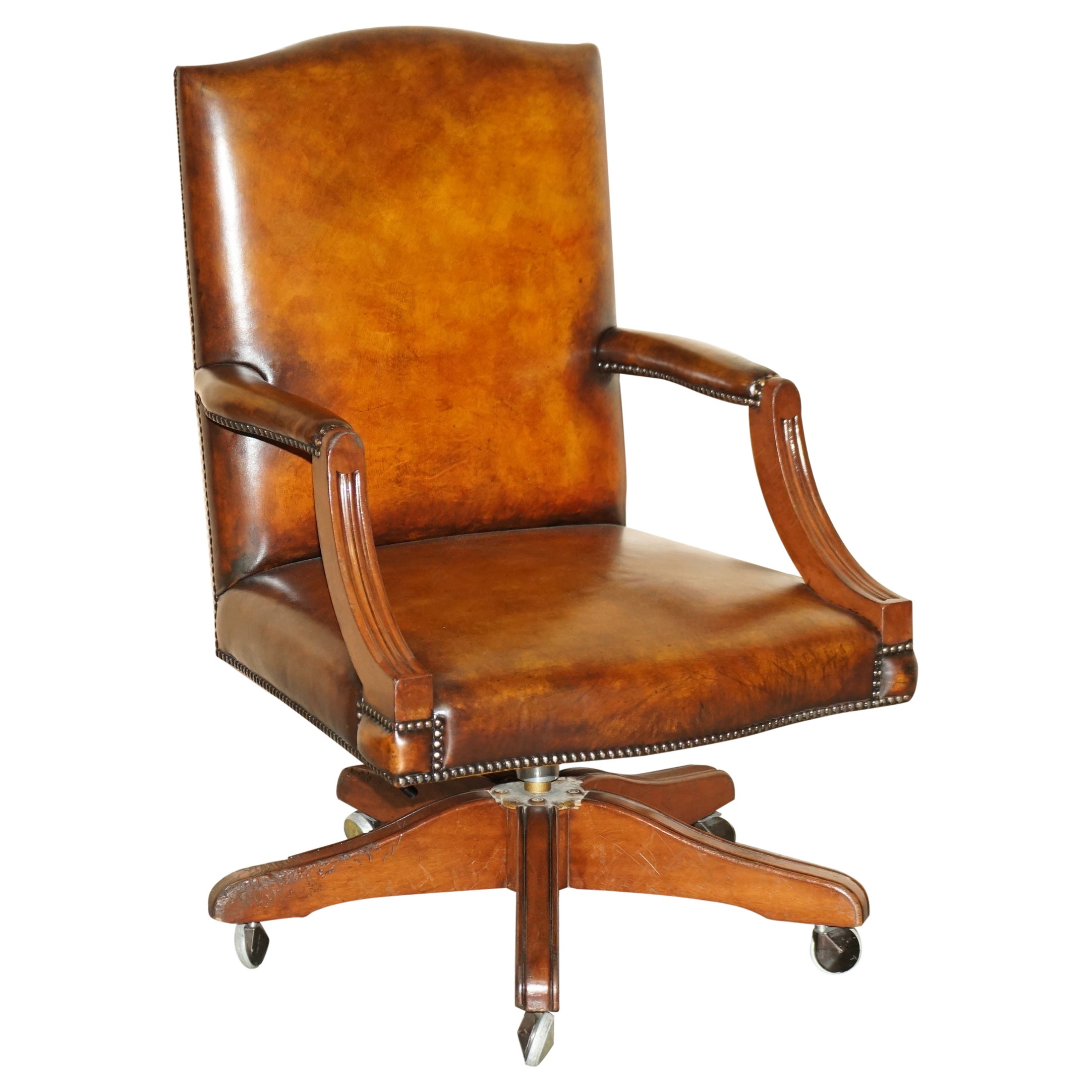 Luxury Vintage Restored Brown Leather Oak Framed Captains Directors Armchair For Sale