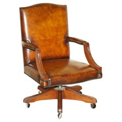 Luxury Vintage Restored Brown Leather Oak Framed Captains Directors Armchair