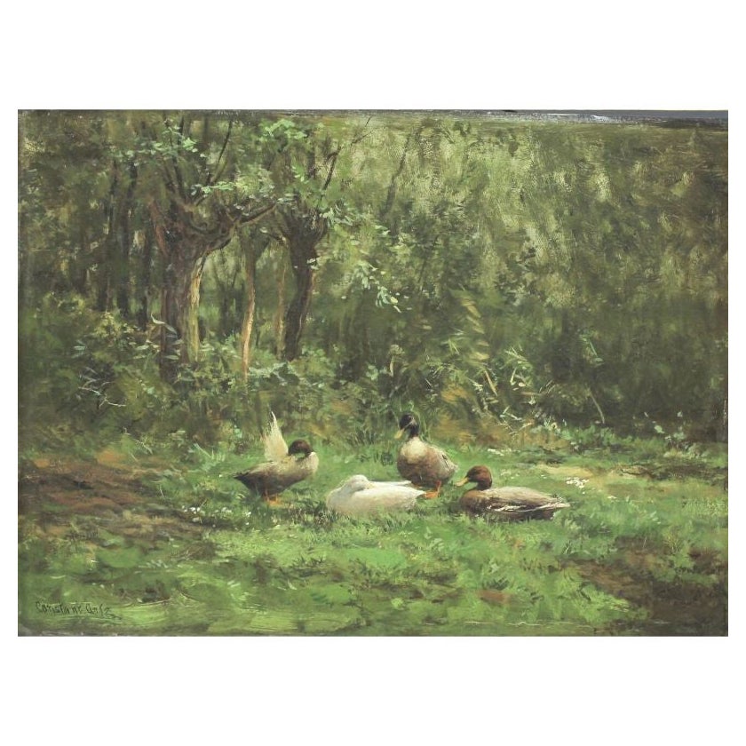 Peinture à l'huile Constant Artz, canards dans un paysage, signée