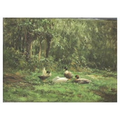 Vintage Constant Artz Oil Painting, Ducklings in Landscape Signed