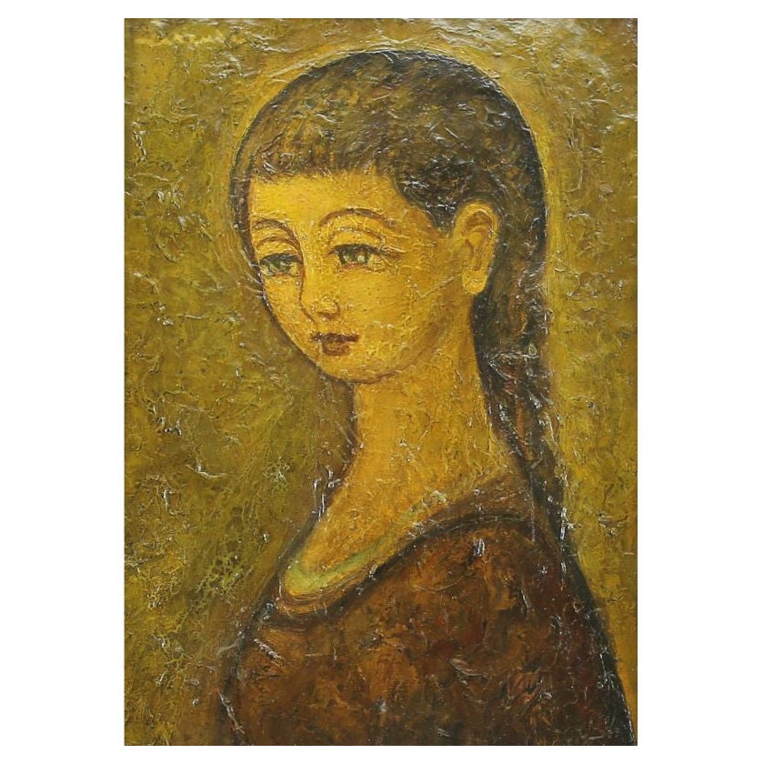 Peinture à l'huile - Portrait de femme aux cheveux tressés de Jean Lareuse