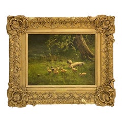 Antique Constant Artz Oil on Canvas Painting, Duck with Ducklings