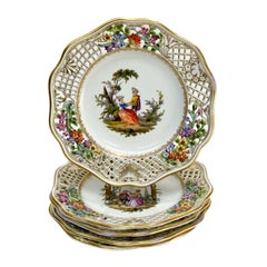 Set of 5 Meissen Germany Hand Painted Porcelain Dessert Plates, 19th Century
