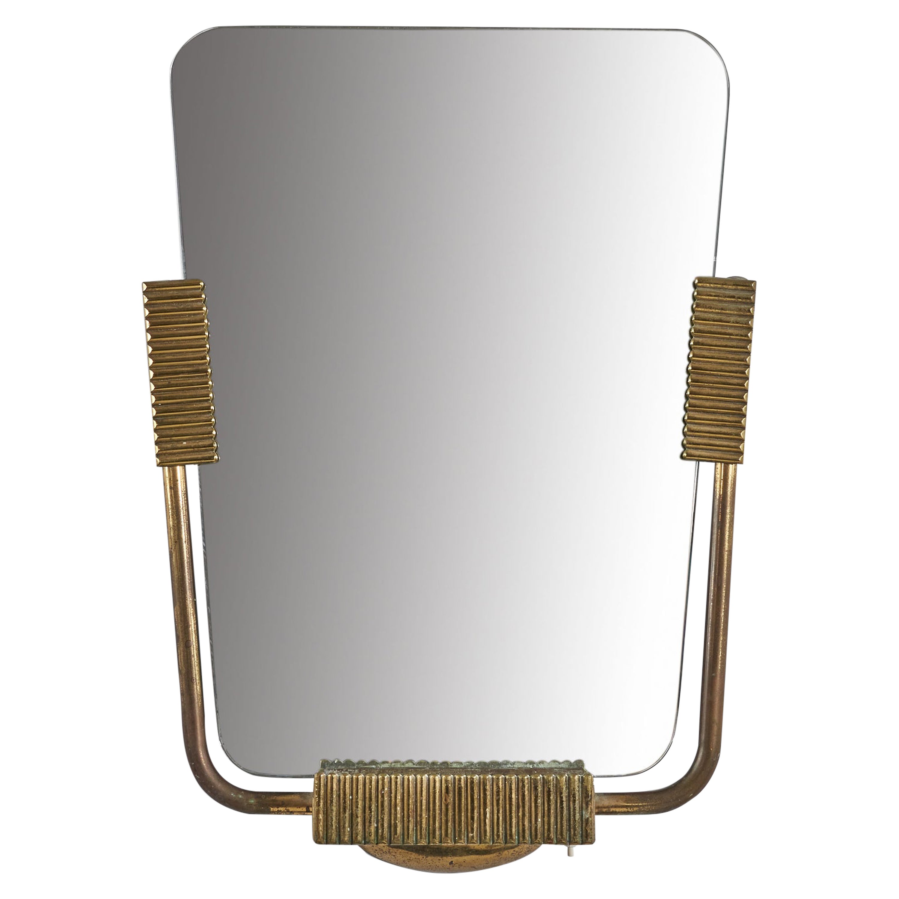 Italian Designer, Illuminated Wall Mirror, Brass, Mirror Glass, Italy, 1940s