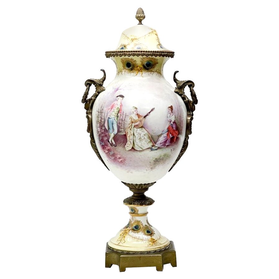 Sevres France Hand Painted Porcelain Bronze Mounted Large Covered Urn For Sale