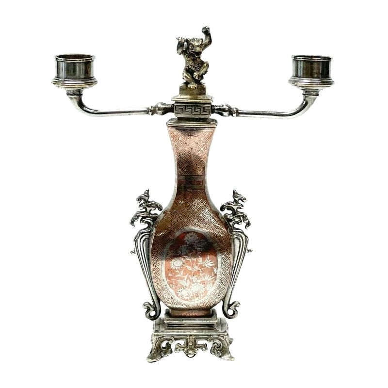 Christofle et Cie French Mixed Metal Copper Silver Inlay Gold Plate Candelabra For Sale