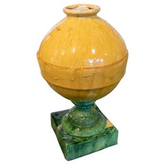 Spanish Glazed Ceramics Finials in Yellow with a Green Base